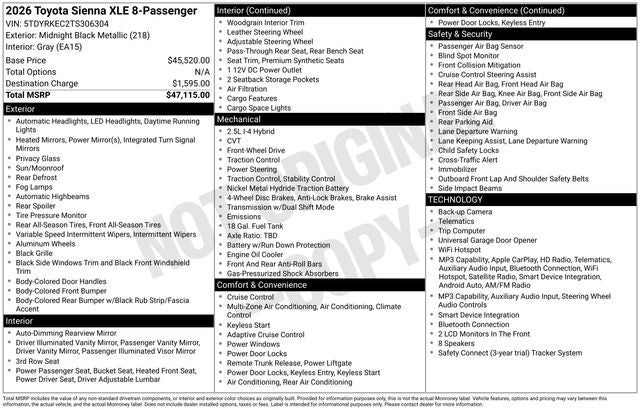 2026 Toyota Sienna XLE 8 Passenger